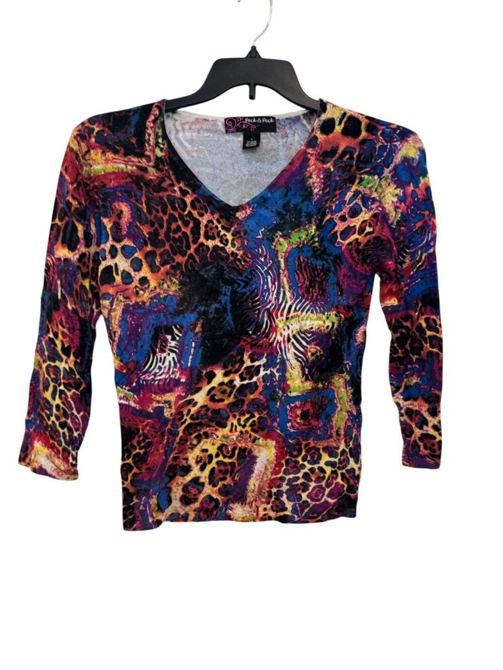 Peck & Peck Womens L Top Colorful Animal Print V-Neck Top Long Sleeve